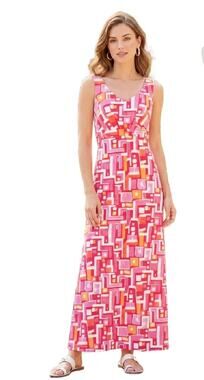 J. McLaughlin Sleeveless A-line Maxi Dress XS Pink Orange Geo Catalina V-Neck